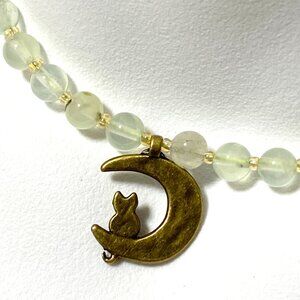 Genuine Gemstone Pale Green Prehnite Bronze Cat on the Moon Beaded Necklace
